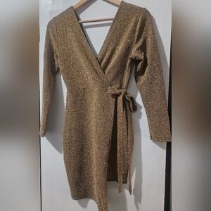 Shimmering Gold Long Sleeve Wrap Dress NWOT